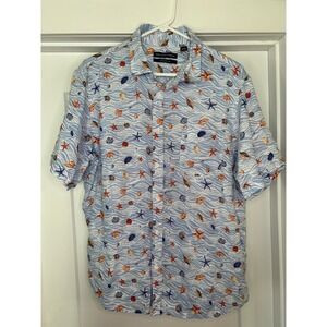 Saks Fifth Avenue Mens Linen Button Down Shirt Large Beach Wave Coastal Nautical